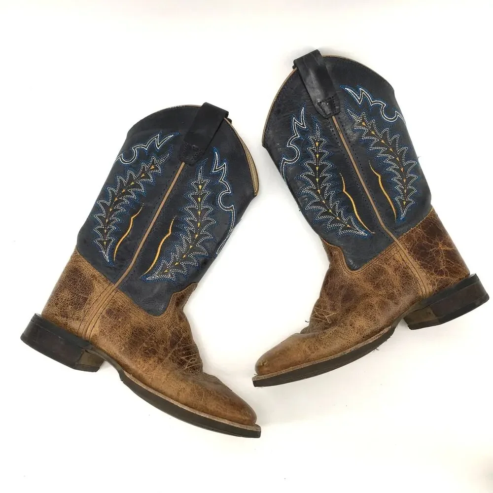 Old West Youth 3.5 D Blue Brown Square Toe Western Boots Cowboy Six-Row Stitch